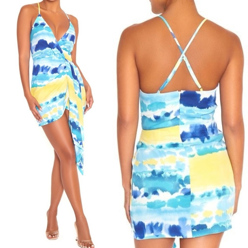 Faux Wrap Mini Dress with Blue Yellow Aqua